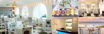 The Marine, (clockwise from left): Pavilion Restaurant, Dining Option, Sun Lounge Bar, Romantic Dinner on the Beach and Sun Lounge Bar