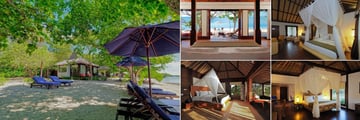 The Menjangan Resort, (clockwise from left): Beach Villa Exterior and View from Bedroom, Monsoon Deluxe, Monsoon Suite and The Residence