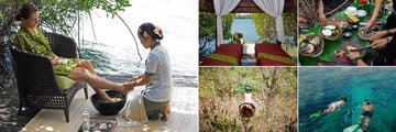 The Menjangan Resort, (clockwise from left): Gazebo Foot Massage, Spa Couple's Treatment Gazebo, Balinese Cooking Class, Snorkeling and Horseback Riding