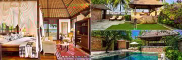 Enjoy beautiful villas with a courtyard (top right) or private pool (bottom right), at The Oberoi Lombok