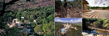 The Palace of the Lost City, (clockwise from left): Botanical Gardens, Bridge to the Gardens, Monkey Spring Plaza, Botanical Garden Bridge and Aerial View of the Hotel and Grounds