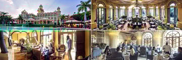 The Palace of the Lost City, (clockwise from top left): Exterior of the Hotel, Crystal Court, Plume Restaurant and Tusk Bar