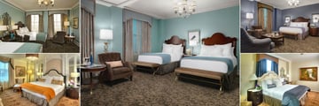 The Peabody Memphis, (clockwise from top left): Superior Double Room, Deluxe Double Room, Executive King Room, Celebrity Suite and Presidential Suite 