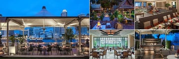 The Peninsula Bangkok, River Cafe & Terrace (far left and top right), Thiptara Restaurant (top left), The River Bar (bottom right) and Mei Jiang Restaurant (bottom left)
