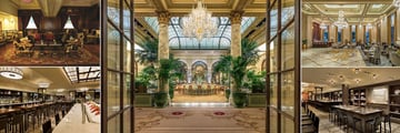 The Plaza New York, (clockwise from top left): The Rose Club, The Palm Court, The Champagne Bar, The Todd English Food Hall and The Plaza Food Hall