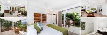 The Reef Retreat, (clockwise from top left): One and Two Bedroom Suites Living Area, Master Bedroom, Twin Room, Bathroom and Balcony
