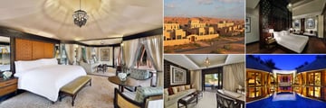 The Ritz-Carlton, Ras Al Khaimah, Al Wadi Desert, (clockwise from left): Tented Pool Villa, Resort Exterior, Rimal Enclosed Villa Bedroom, Al Sahari Pool Villa and Al Rimal Pool Villa