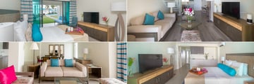 Clockwise from top left: Signature Room, Two Bedroom Duplex Suite living room, One Bedroom Suite and Two Bedroom Family Suite living room at The Sands Barbados