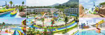 The Sands Khao Lak by Katathani, (clockwise from top left): Lazy River, Water Zone, Water Zone, Kids' Water Play House and Family Body Slide