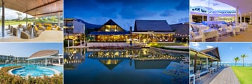 The Sands Khao Lak by Katathani, (clockwise from top left): Pineapple Bar, The Floating Market, Manta Ray Bistro, Talay Restaurant and Jellyfish Bar