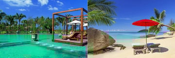 The Sarojin pool and Khao Lak beach with loungers