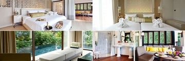 The Shore at Katathani, (clockwise from top left): Two Bedroom Pool Villa Master, Second Bedroom, Bathroom and Seating Area and Pool View