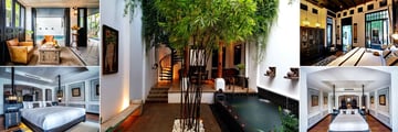 The Siam Hotel, (clockwise from top left): Siam Suite, Pool Villa Riverview, Pool Villa Courtyard, River View Suite and Mae Nam Suite