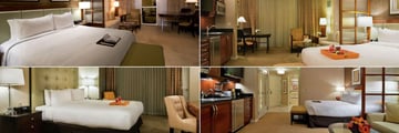 The Signature at MGM Grand, (clockwise from top left): Signature Deluxe, Deluxe Balcony Suite Sitting and Dining Area, Deluxe Balcony Suite Bed and One Bedroom Balcony Suite