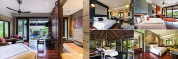 The Slate, Phuket, (clockwise from left): Pool Suite, Black Tie Bedroom, Bensley Bedroom, Botanica Foliage Bedroom and One Bedroom Private Pool Villa