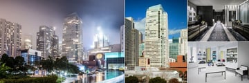 The St. Regis San Francisco, (clockwise from left): City at Night, Hotel Exterior close up, Reception in Lobby and Remede Spa Reception
