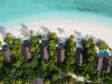 Aerial view of Beach Villas at The Standard Maldives
