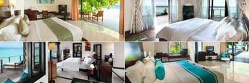 The Sun Siyam Iru Fushi, (clockwise from top left): Beach Villa, Aqua Retreat Villa, Family Deluxe Beach Villa and Water Villa