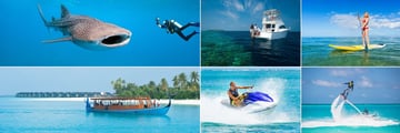 The Sun Siyam Iru Fushi, (clockwise from top left): Diving, Snorkeling and Diving Boat Trips, Paddleboarding, Flyboarding, Jetski and Boat Excursions 