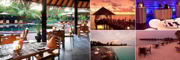 The Sun Siyam Iru Fushi, (clockwise from left): Fluid Bar and Pool, Trio Restaurant, Bubble Lounge, Islander Grill and Flavours Restaurant