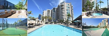 The Towers at Costa Verde, (clockwise from top left): Communal BBQ Area, Pool, Hot-tub, Basketball Court and Putting Green 
