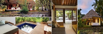 The Westin Denarau Island Resort & Spa, (clockwise from top left): Couple's Treatment Suite, Outdoor Shower, Open Air Treatment Bure and Westin Renewel Spa Studio Private Patio 