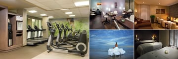 The Westin Hilton Head Island Resort & Spa, (clockwise from left): Gym, Spa Pedicure and Manicure Room, Spa Relaxation Room, Couples Treatment Room and Outdoor Massage