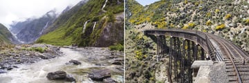 Franz Josef (left), and railway track through Taieri Gorge (right)