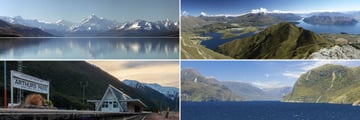 Clockwise from top left: Mt Cook, Wanaka, Doubtful Sound and Arthur's Pass