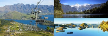 Cable cars in Queenstown (left), Franz Josef (top right) and Dunedin (bottom right)