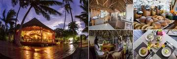 Tikehau Ninamu Resort, Restaurant at Night, Breakfast Area, Breakfast Bread and Rolls, Breakfast Dishes and Cocktails in the Bar