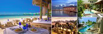Sandals Negril; Barefoot By the Sea Restaurant; Beach Cabanas; Millionaire Suite; Swim Up River Suites; Night time entertainment