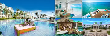 Sandals South Coast; Couple on Pool bed, Italian Beachfront One Bedroom Butler Suite, Latitudes over the water bar hammock, Courtyard, Over the water Butler Bungalow