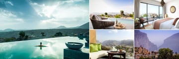 Anantara Al Jabal Al Akdar Hotel; Infinity Pool, Cliff Pool Villa Terrace, One Bed Cliff Pool Villa, Dining by Design cliff top dining, Premier Canyon View Balcony 