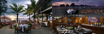 Bellini Italian Restaurant (left), private beach dining (top right), and Lotus (bottom right)