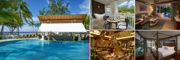 Sandals Barbdos; Swim up Pool Bar, Ocean Village Beachfront One Bedroom Byutler Suite, Crystal Lagoon Swin up Suite, Ocean Village Beachfront Butler Suite, Butchs Chophouse Restaurant (clockwise) 