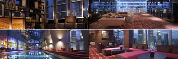 Traders Hotel Kuala Lumpur, (clockwise from top left): Gobo Upstairs Lounge, The Lobby, Traders Club Lounge and The Skybar
