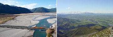TranzAlpine Train & The Canterbury Plains with views of the Southern Alps