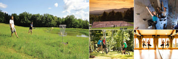 Trapp Family Lodge, (clockwise from left): Disc Golf, Tennis, Rock Climbing Wall, Yoga and Mountain Biking