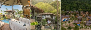 The in-villa spa, the Treehouse Villa walkways and an aerial view of the villas at Treehouse Villas