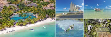 Trou Aux Biches Beachcomber Golf Resort & Spa, (clockwise from left): Aerial View of Resort, Hobie Cats, Kayaking, Tennis Courts and Water Skiing