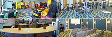202 Championsgate, (clockwise from top left): Arcade Room, Gym, Theatre and Bar 