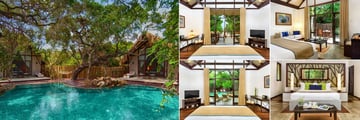 Uga Jungle Beach, (clockwise from left): Jungle Cluster Cabins Pool, Beach Cabin, Jungle Cabin, Lagoon Cabin and Jungle Cluster Cabin