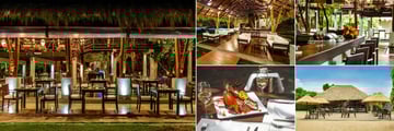 Uga Jungle Beach, (clockwise from left): Restaurant Terrace, Interior and Pool, Bar, Beach Bar and Seafood Dish