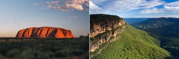Uluru at sunset (left), and Blue Mountains (right)