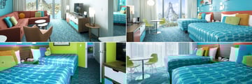 Universal's Cabana Bay Beach Resort, (clockwise from top left): Two Bedroom Suite Living Area, Volcano View Double Queen, Standard Double Queen and Two Bedroom Suite Bedroom