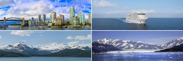Clockwise from top left: Vancouver, Silver Muse, the Inside Passage and Hubbard Glacier