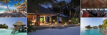Veligandu Island Resort & Spa, (clockwise from top left): Athiri Bar, Madivaru, Thundi Bar Interior, The Snack Bar at the Thundi Bar and Room Service at Water Villa