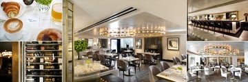 Viceroy L'Ermitage Beverly Hills, (clockwise from top left): Breakfast, Avec Nous Dining Room, Avec Nous Bar, Avec Nous Lounge and Avec Nous Wine Room