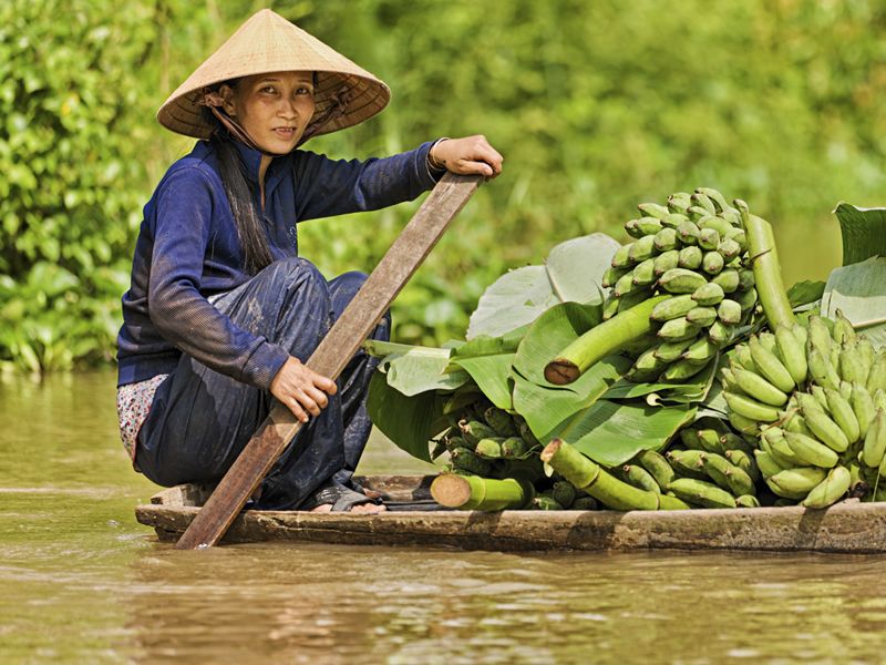Vietnamese woman rowing her boat in the Mekong River, Vietnam